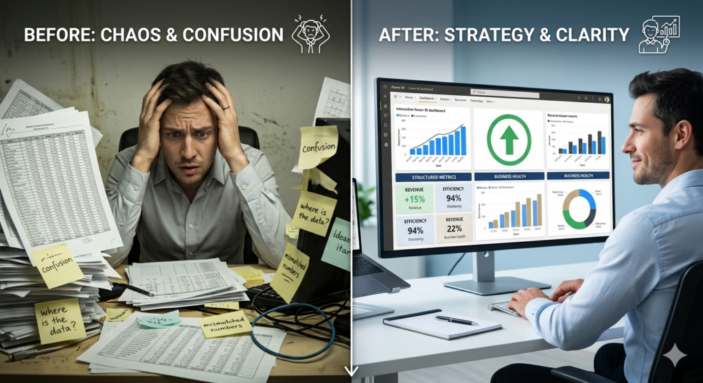 A split-screen comparison: on the left, an overwhelmed worker surrounded by cluttered data with the text "BEFORE: CHAOS & CONFUSION"; on the right, a relaxed professional viewing a clear Power BI dashboard with the text "AFTER: STRATEGY & CLARITY".