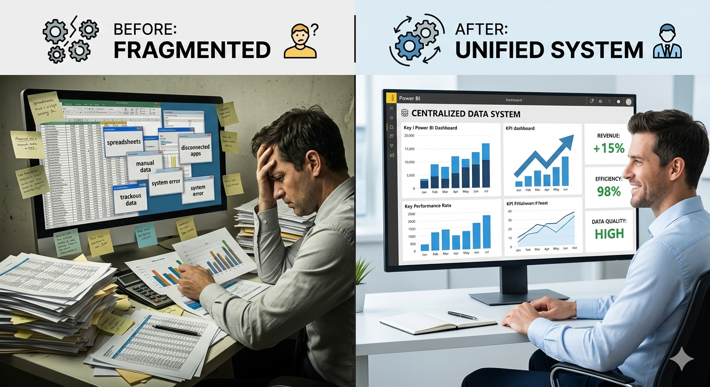 A split-screen comparison: on the left, an overwhelmed worker surrounded by cluttered data with the text "BEFORE: FRAGMENTED"; on the right, a relaxed professional viewing a clean Power BI dashboard with the text "AFTER: UNIFIED SYSTEM".