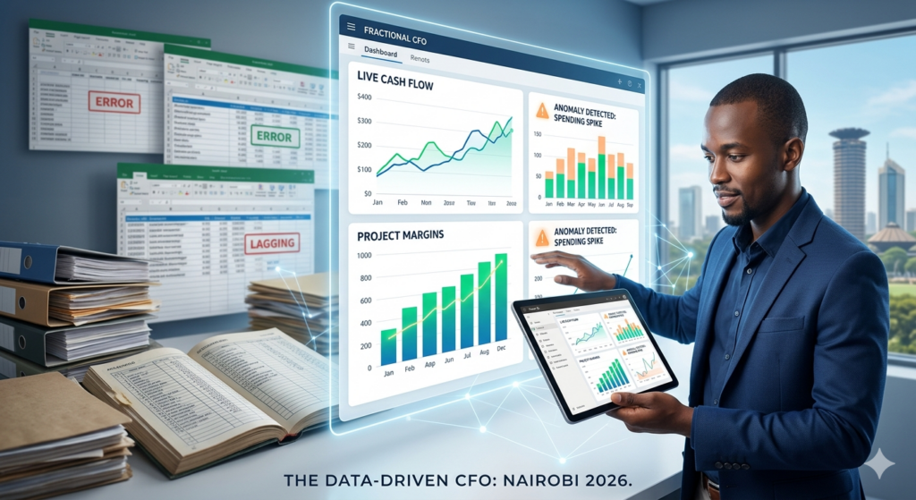 A professional CFO in Nairobi interacting with a digital Power BI dashboard showing live cash flow, replacing old Excel spreadsheets and paper ledgers.