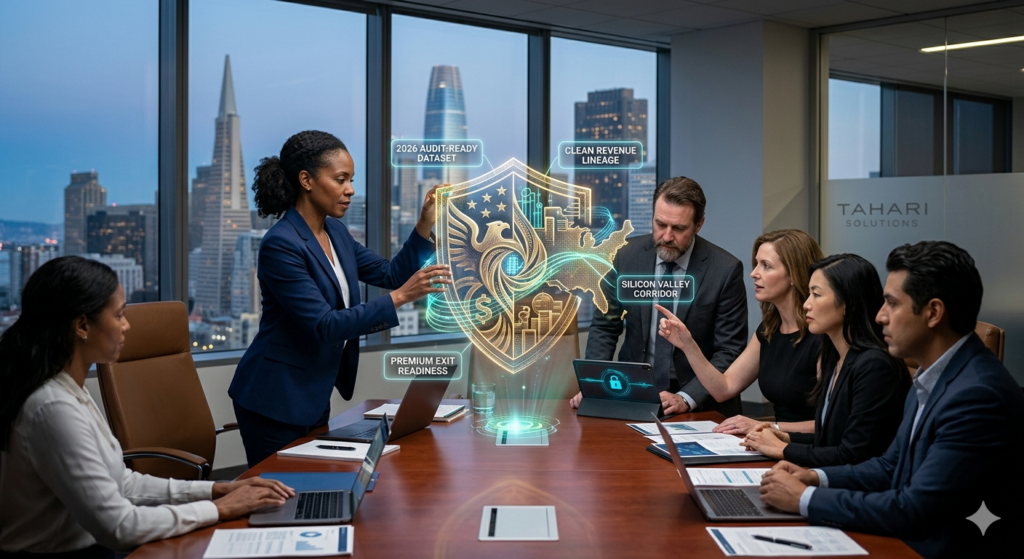 A high-resolution photograph of a multi-racial leadership team collaborating in a San Francisco boardroom, using a glowing augmented reality financial structure with embedded US map and star patterns. Holographic labels read '2026 Audit-Ready Dataset', 'Clean Revenue Lineage', 'Silicon Valley Corridor', and 'Premium Exit Readiness'.