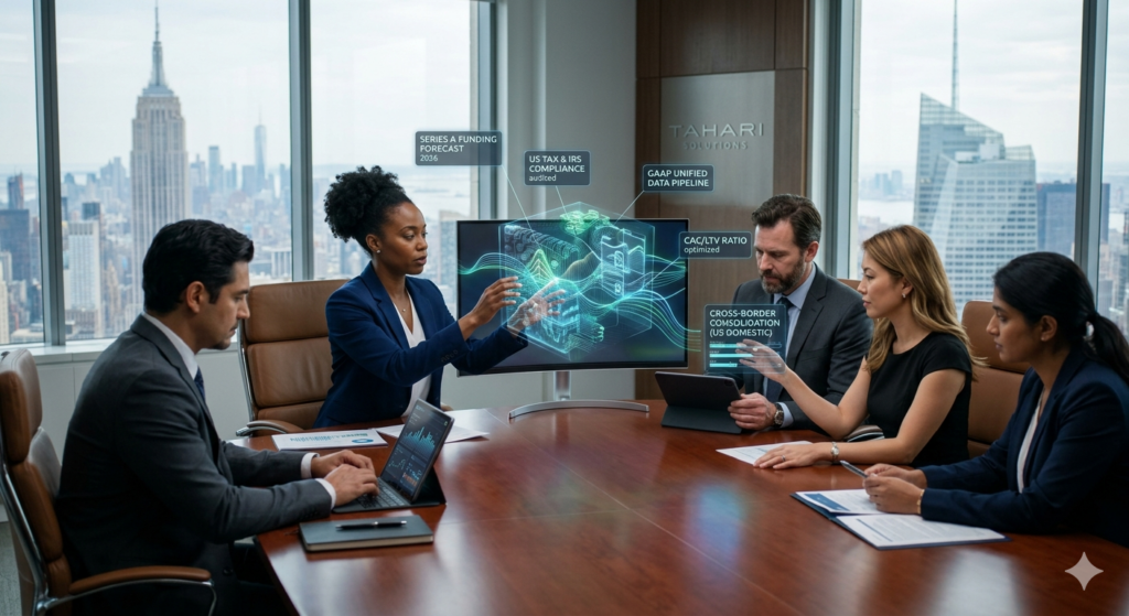 A high-resolution photograph of a multi-racial team of domestic US business professionals collaborating in a Manhattan boardroom, using augmented reality overlays with labels 'Series A Funding Forecast', 'US Tax & IRS Compliance', and 'GAAP Unified Data Pipeline'. The background features real NYC skyscrapers.