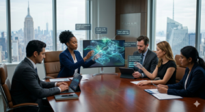 A high-resolution photograph of a multi-racial team of domestic US business professionals collaborating in a Manhattan boardroom, using augmented reality overlays with labels 'Series A Funding Forecast', 'US Tax & IRS Compliance', and 'GAAP Unified Data Pipeline'. The background features real NYC skyscrapers.