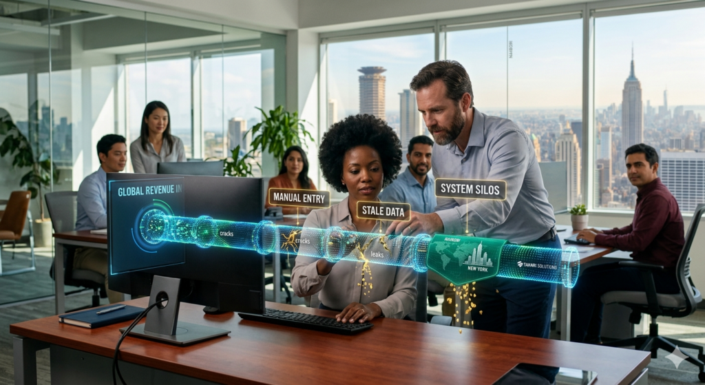 An isometric 3D illustration of a business process pipeline being repaired by data-driven solutions to prevent profit loss. The leaks are labeled 'Manual Entry', 'Stale Data', and 'System Silos'.