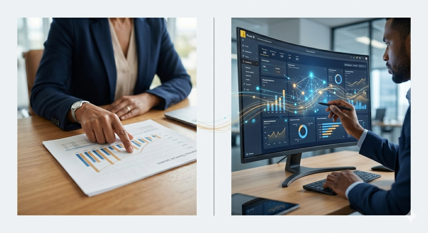 Diptych image showing a CFO analyzing a strategic financial chart and a data analyst navigating a Power BI dashboard, illustrating the core services of Tahari Solutions.