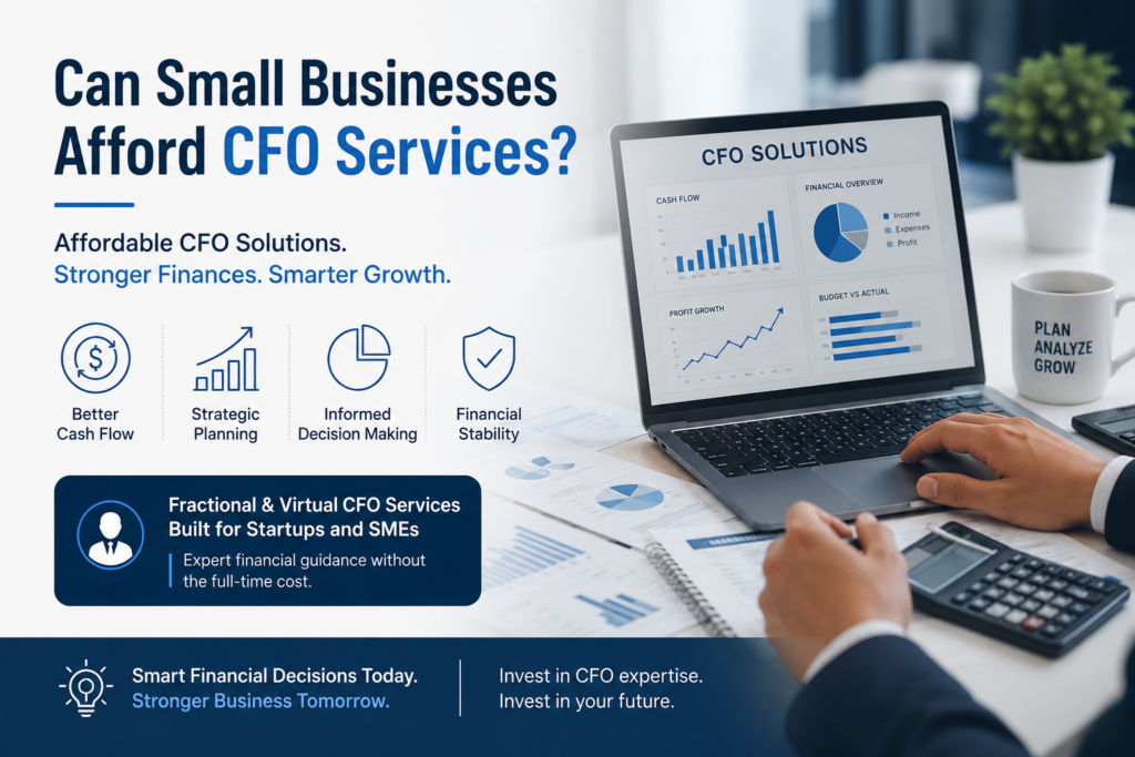 Professional banner illustrating CFO services for small businesses, showing financial charts on a laptop, cash flow graphs, and messaging about affordable virtual and fractional CFO solutions for startups and SMEs.