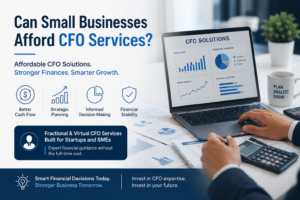Professional banner illustrating CFO services for small businesses, showing financial charts on a laptop, cash flow graphs, and messaging about affordable virtual and fractional CFO solutions for startups and SMEs.