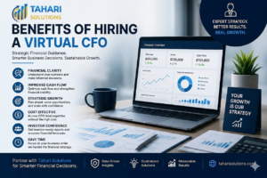 Professional infographic showing the benefits of hiring a virtual CFO including cash flow management, financial clarity, and business growth strategy by Tahari Solutions.
