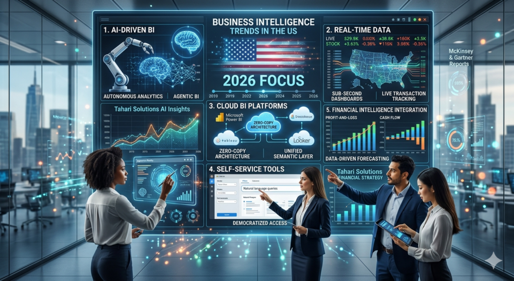 A 2026 forecast visualization showing key Business Intelligence trends in the US, including AI-driven analytics, real-time data monitoring, cloud BI integration, self-service tools, and financial intelligence dashboards used by a professional team.