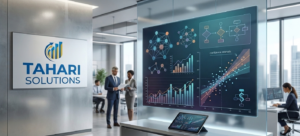 Modern Tahari Solution office with data analytics dashboard and team, illustrating how predictive analytics works.
