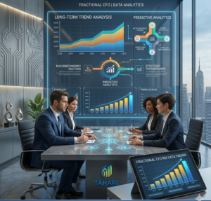 A professional boardroom setting in Nairobi showing executives analyzing predictive analytics and long-term trend data on a large digital display, featuring the Tahari Solutions logo and "Modern Business Strategy" branding.