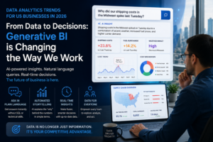 A futuristic 2026 business dashboard showcasing top data analytics trends for US businesses, including real-time autonomous decision intelligence, Generative BI charts, and predictive growth modeling.