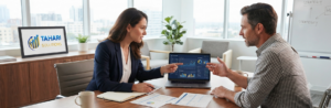 Fractional CFO helping a small business owner review financial reports in the USA.